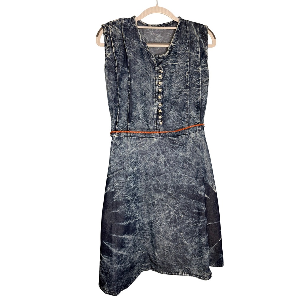 Vintage Acid Wash Denim Sleeveless Midi Dress Blue Rhinestone Button